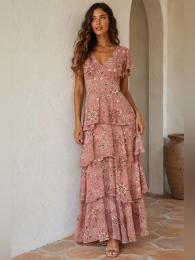 ADOR Pink Boho Tiered Maxi Dress Small